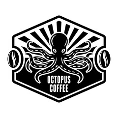 Octopus coffee vector emblem, badge, label or logo concept in vintage monochrome style isolated on white background