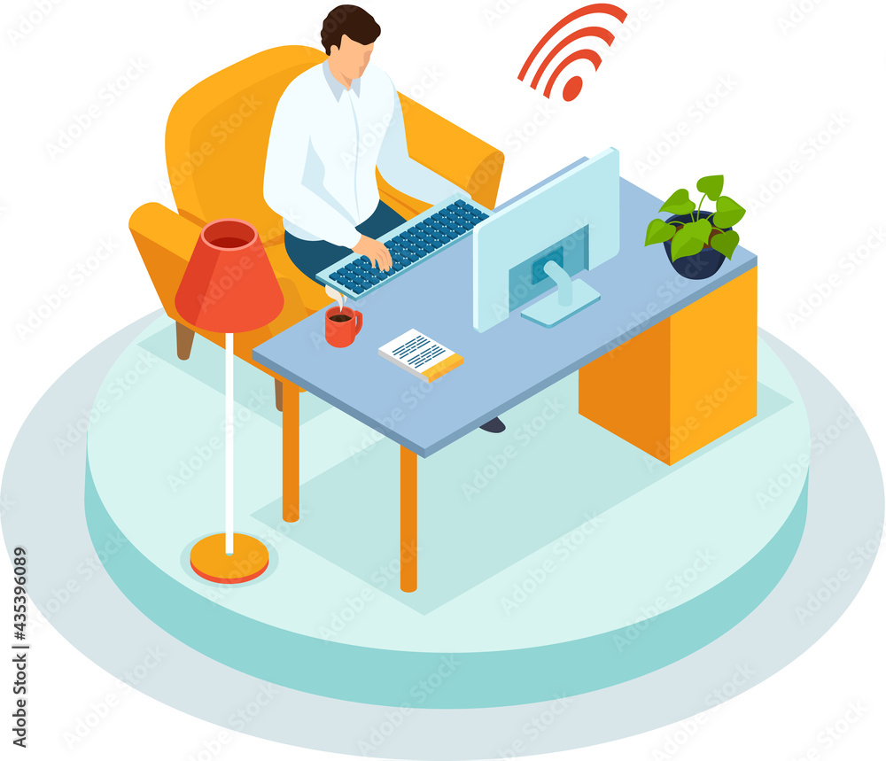 Poster business man at desktop with computer typing on keyboard communicates remotely on internet. freelanc