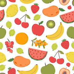 Juicy fruits pattern. Bright fruit texture, berries mix print. Fresh trendy vitamin background, summer tropical food exact vector seamless backdrop