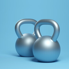 Fototapeta na wymiar Metallic kettlebells on blue background. Equipment for a fitness training. 3d render
