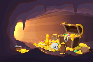 Poster Treasure cave. Fantasy game location, cartoon mine with old gold coins in wooden chest. Ancient magical pirate cache recent vector illustration