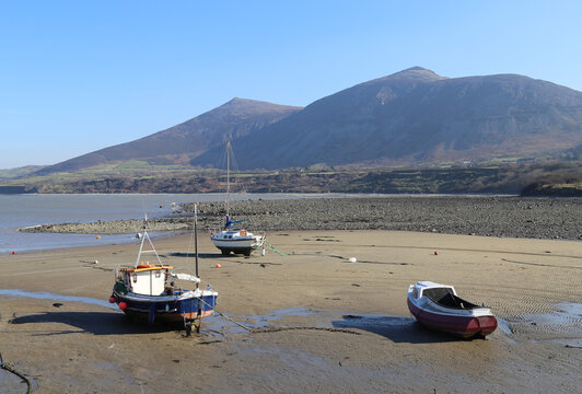 Boats in the small harbour on the Llyn Peninsula at Trefor, Gwynedd, Wales, UK.  