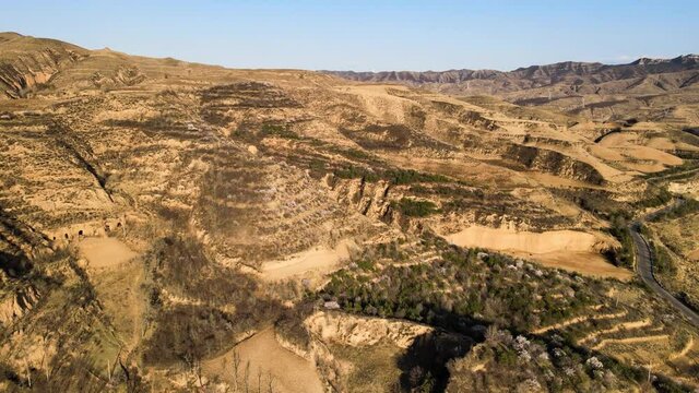 Aerial photos of hilly slopes on the Loess Plateau in rural areas of Shanxi Province, China.