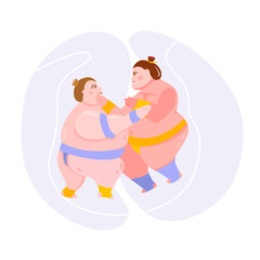 Sumo wrestlers vector modern flat logo illustration on white background. Two sumo wrestlers fight cartoon illustration.Logo sumo wrestler
