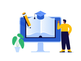 Online education scene concept. Man reading ebooks