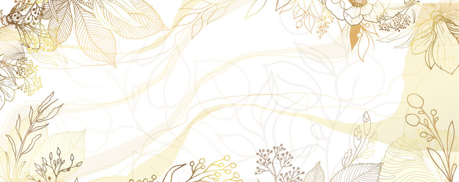 Luxurious golden wallpaper. White background. Gold leaves wall art with shiny golden light texture. Monstera and chestnut branches. Modern art mural wallpaper. Vector illustration.