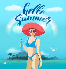 Beautiful young woman in a swimsuit and a big hat on the beach. Hello summer. Beach party banner, sea background with palm. Bikini girl on the sea beach. Vector illustration