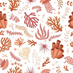 Seamless pattern with marine fauna - corals, jellyfish, sea anemones, seaweed, sea urchin, bubbles, seabed. Vector illustration hand drawn style for fabrics, wallpaper, packaging, print