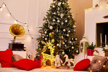 Christmas tree and Christmas decorations in the room in New year