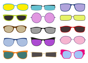 Set of colorful sunglasses icons. Fashionable accessories. Sunglasses in colorful rim set. Retro hipster trendy eyewear isolated on white. Vector for summer, vacation, holiday, fashion concept