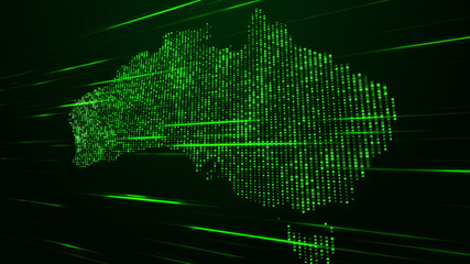 Abstract Futuristic Green Shinny Square Mosaic Map Of Australia Continent Perspective View With Horizontal Light Streaks