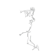 Basketball player jumping with ball, slam dunk. Continuous line drawing, abstract isolated vector silhouette