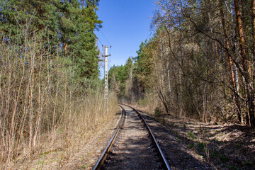 Railway branch in the forest. Abandoned railway line deep in the forest. Dry leaves on sleepers