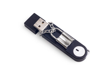 Flash drive with a padlock on a chain isolated on white