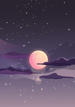 Moon with clouds in the starry sky. Space landscape in vertical orientation.