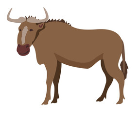 Gnu Wildebeest isolated on a white background. African wildlife animal. Vector Illustration