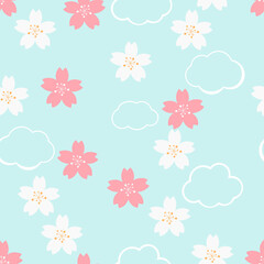 seamless pattern with Sakura flower and clouds on green background vector illustration.