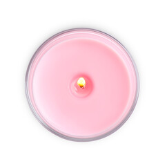 Burning candle in glass holder isolated on white, top view