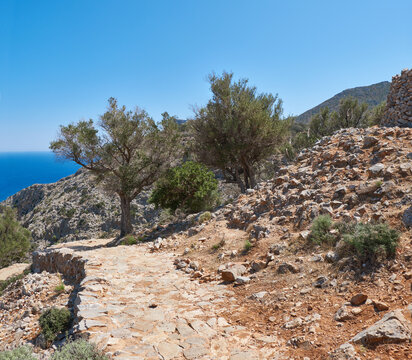 Pathway towards to monastery Katholiko Mediterranean Sea in the background olive trees on the way