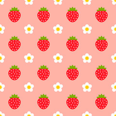 Strawberries and flowers pink seamless pattern.