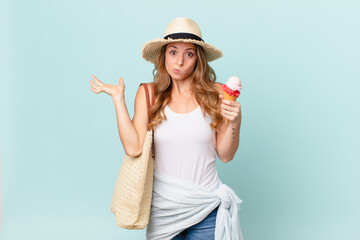 pretty woman feeling puzzled and confused and doubting. summer concept