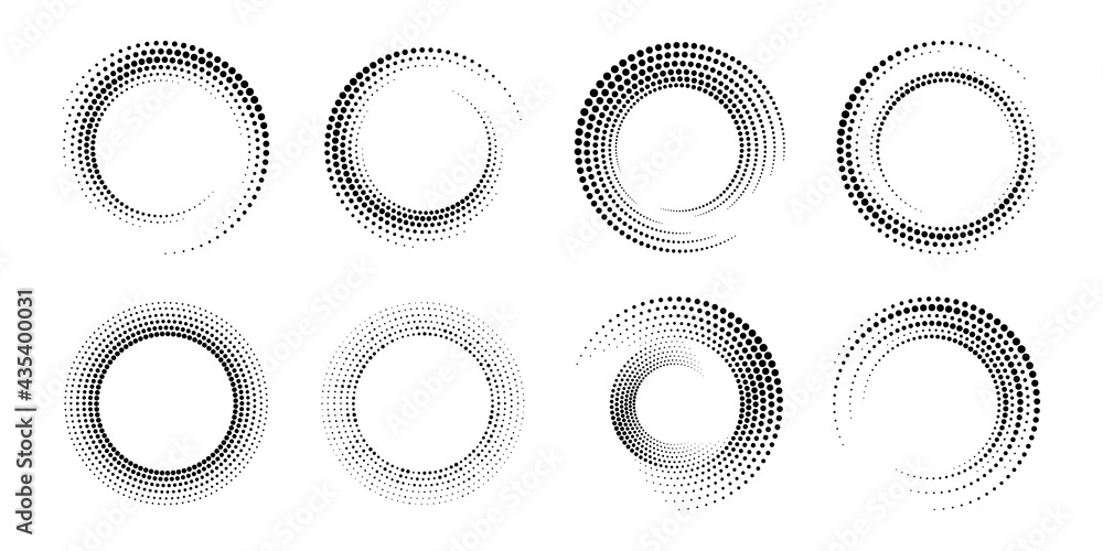 Poster set circle spiral. rotate dot frame. futuristic ring with effect halftone. border ripple. abstract f