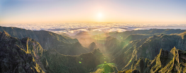 High resolution panoramic shot of sunrise at Pico do Arieiro, Madeira Portugal