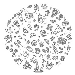Fast food vector outline icons set. Cooking