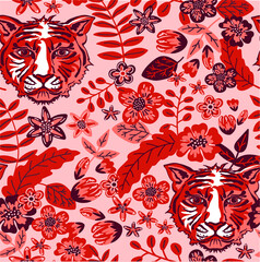 Seamless vector pattern with wild cat face, herbs and flowers. Tiger mask and botanical elements. Fashionable print for textiles