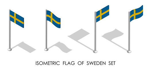 isometric Sweden flag in static position and in motion on flagpole. 3d vector - obrazy, fototapety, plakaty