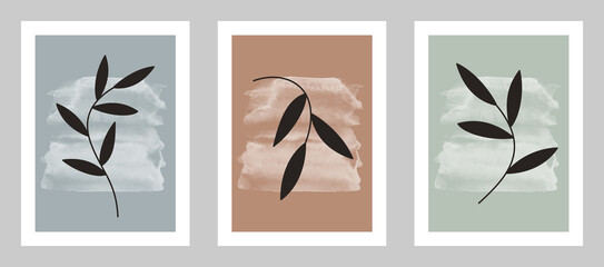 Set of abstract art nature backgrounds. Modern  shape line art,  foliage, botanical, tropical leaves floral design for cover, wallpaper,  home decoration, wall art.