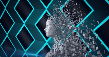 Composition of exploding human bust formed with grey particles and green diamonds background