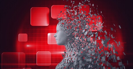 Composition of exploding human bust formed with grey particles and red screens background