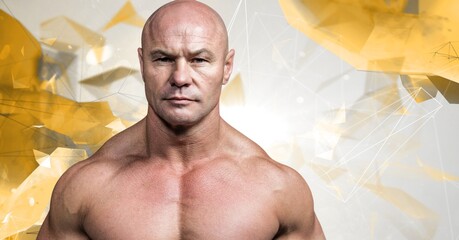 Composition of portrait of strong caucasian man on geometric background