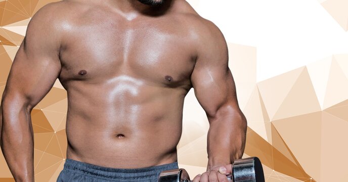 Composition of midsection of strong caucasian man lifting dumbbells on geometric background