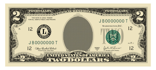 US Dollars 2 banknote -American dollar bill cash money isolated on white background. - obrazy, fototapety, plakaty