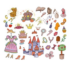 Princess castle doodle stickers for girls vector illustration hand drawn textile print. Bright pictures big set clipart crown dress decoration carriage