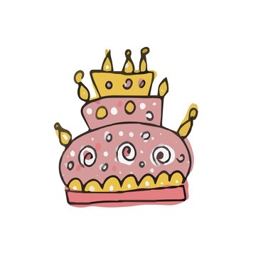 Cake for the holiday from a fairy tale princess doodle stickers for girls vector illustration hand drawn textile print. Vivid pictures