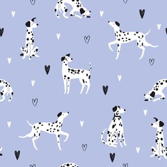 Seamless pattern with funny cartoon dalmatian dogs. Creative texture in scandinavian style. Great for fabric, textile Vector Illustration