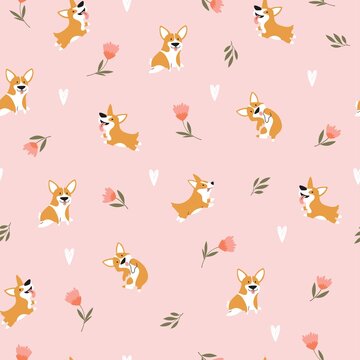 Fototapeta Seamless pattern with funny cartoon corgis dogs. Creative texture in scandinavian style. Great for fabric, textile Vector Illustration
