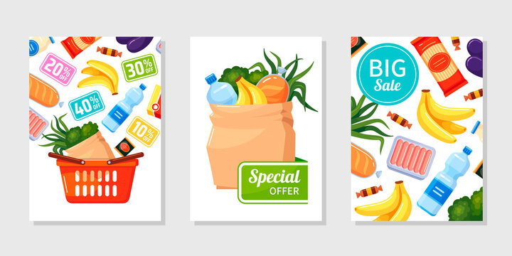 Collection of food sale vertical banner vector flat illustration. Set of promo grocery store