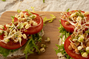 Sandwiches with cream cheese, tomatoes and bean sprouts on the wooden board