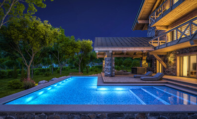 3d rendering of modern cozy chalet with pool and parking for sale or rent.  Massive timber beams columns. Beautiful forest mountains on background. Clear summer night with many stars on the sky.