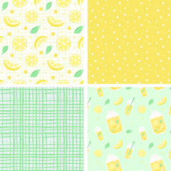 Collection with seamless pattern with yellow lemons and polka dots and cage.