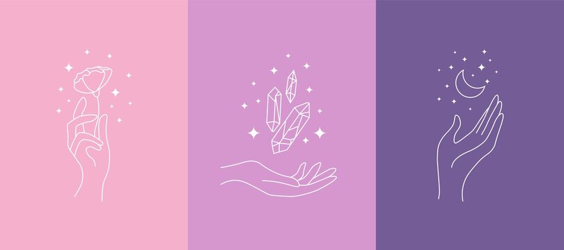 Boho magic doodle set. Bohemian posters, simple line logo icons with hands, crystals, flower, stars. Modern vector illustration