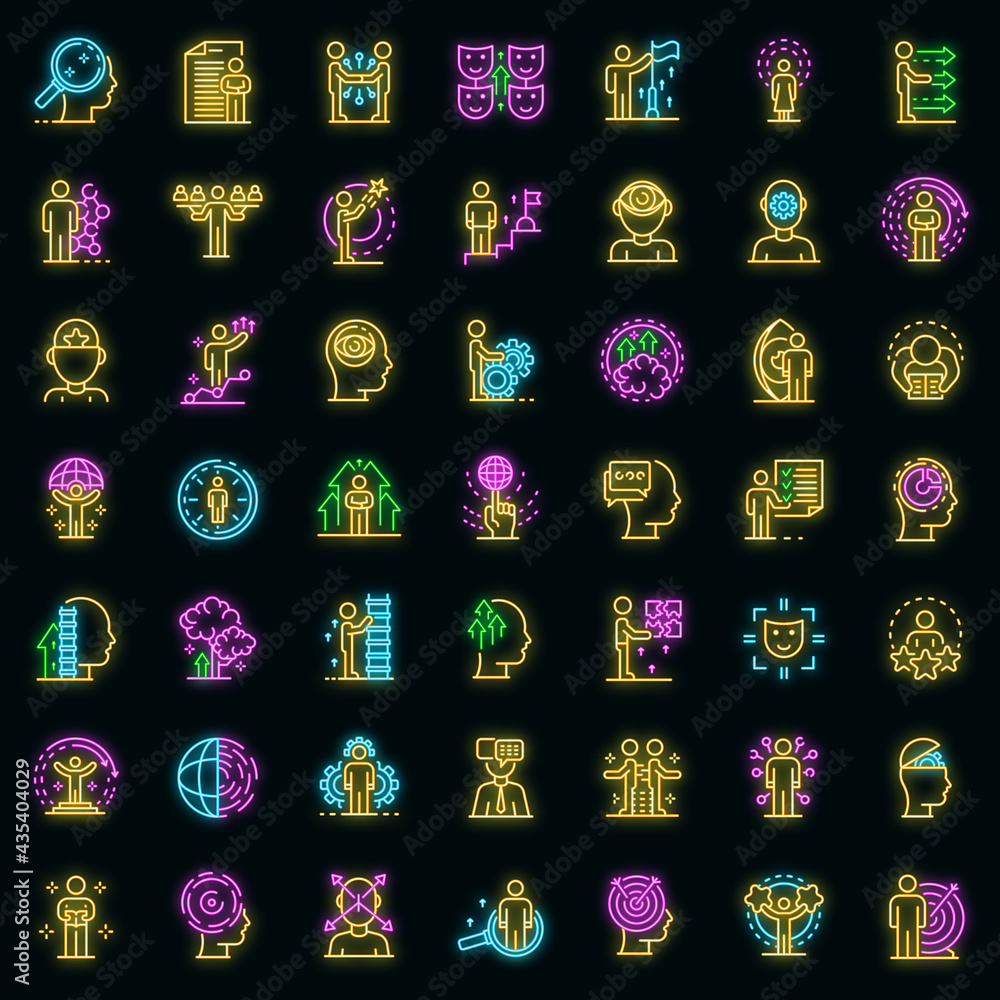 Poster life skills icons set. outline set of life skills vector icons neon color on black
