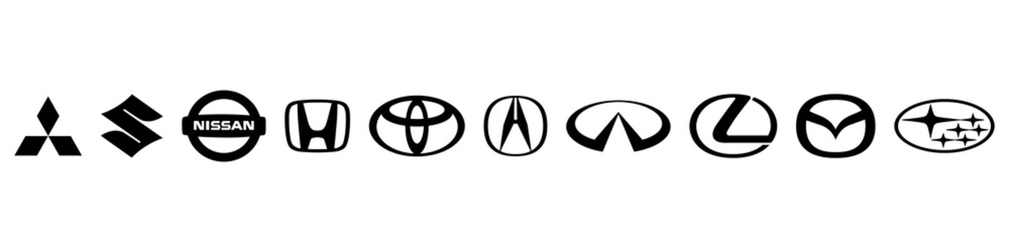 Japan cars brand logo set. Editorial image. VINNITSIA, UKRAINE. MAY 20, 2021