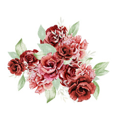 Watercolor boho red flowers bouquets. Hand drawn burgundy rose, peonies. Rich bloom, greenery branches, leaves, foliage. Fall Autumn for wedding card, bridal card. - 435404480