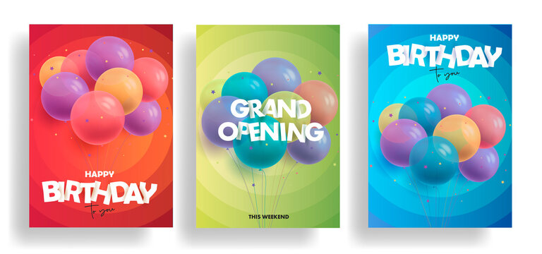 Set of leaflets or flyers with 3d Realistic Colorful Bunch of Birthday round Balloons, event invitation, grand opening celebration