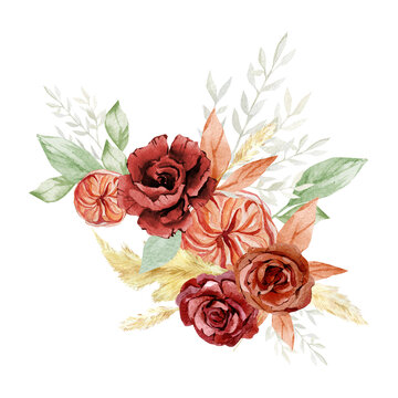 Watercolor boho red flowers bouquets . Hand drawn pampas grass and burgundy rose, peonies. Bohemian floral, branches, leaves, foliage. Fall Autumn for wedding card, bridal card.jpg